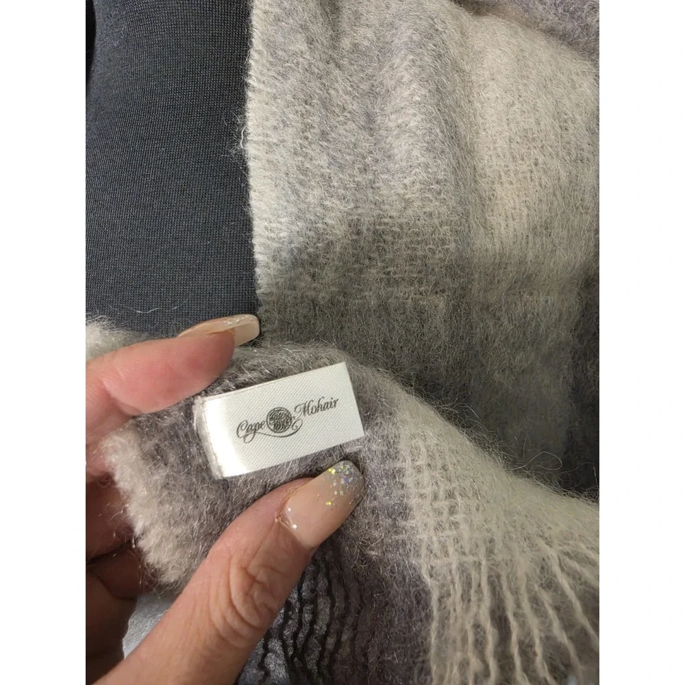 cape  Mohair scarf Gray/Ivory Striped Mohair Wool Knit Fringe Rectangle